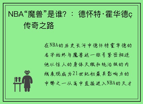 NBA“魔兽”是谁？：德怀特·霍华德的传奇之路